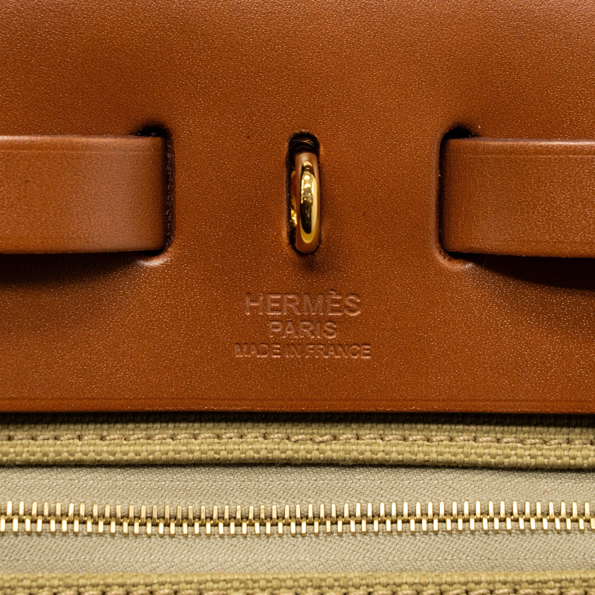 HERMES HERBAG 31 ZIP BAG RETOURNE CANVAS/VACHE HUNTER POUSSIERE/FAUVE GHW
