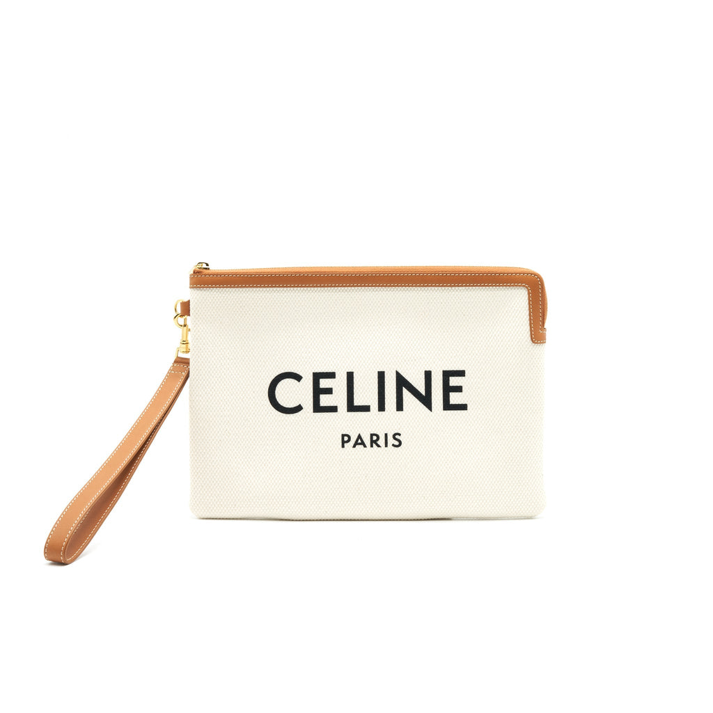 CELINE LOGO ZIP SMALL CANVAS POUCH WITH STRAP