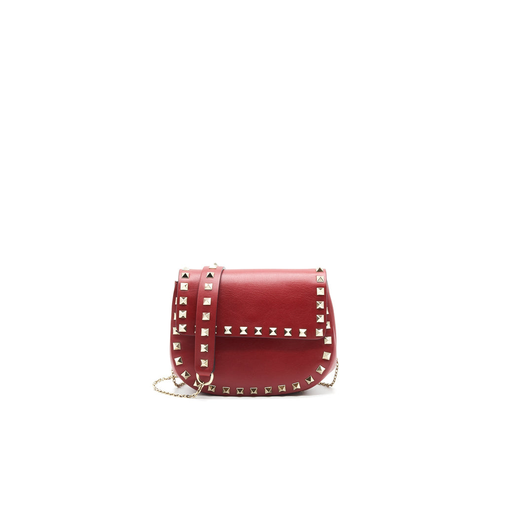 VALENTINO ROCKSTUD SMALL SADDLE BAG IN RED