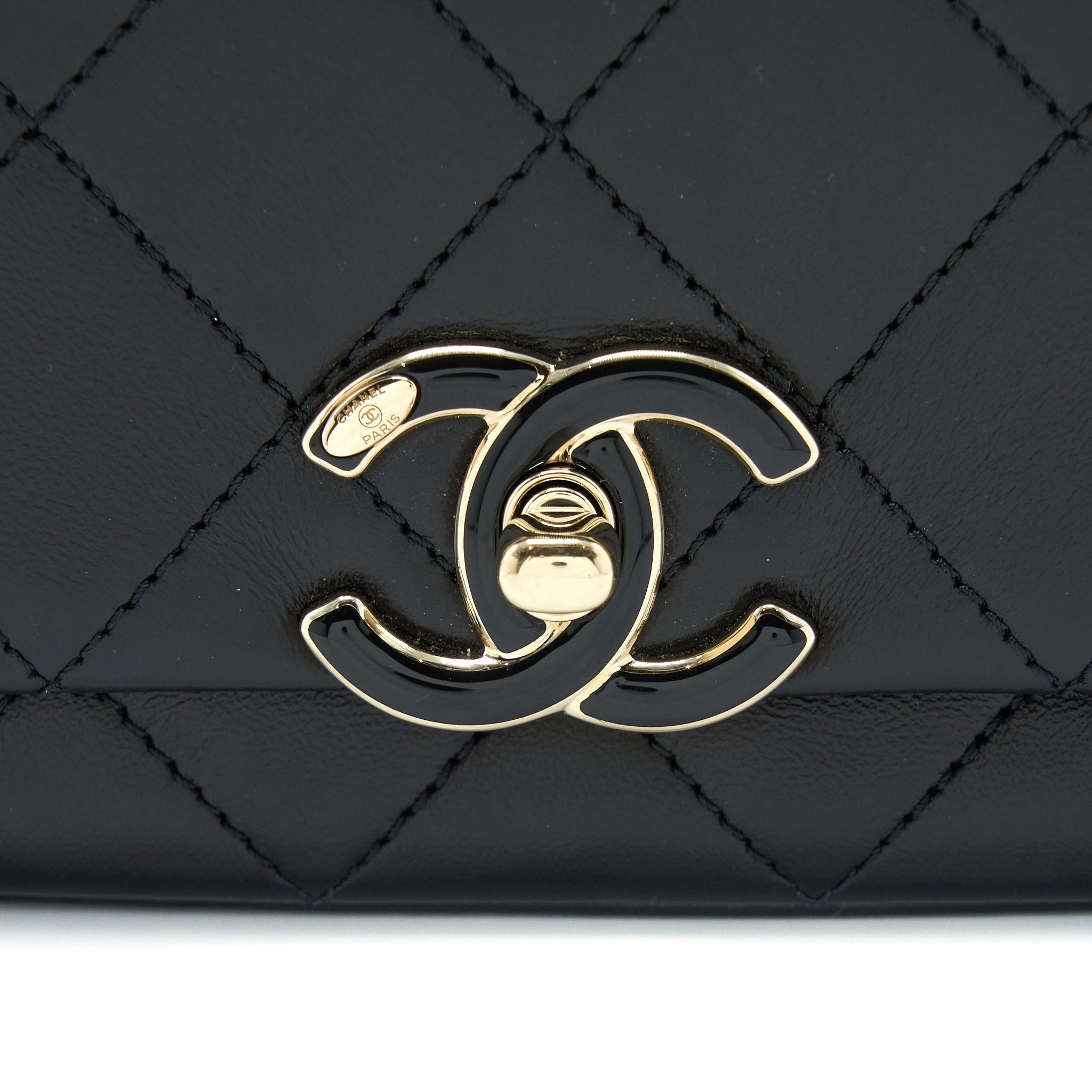 CHANEL ENAMEL CC LOGO QUILTED RECTANGULAR FLAP BAG LAMBSKIN BLACK LGHW