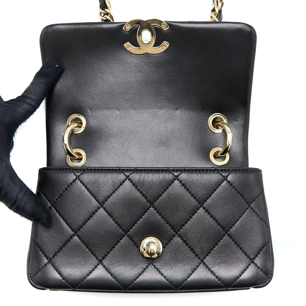 CHANEL ENAMEL CC LOGO QUILTED RECTANGULAR FLAP BAG LAMBSKIN BLACK LGHW