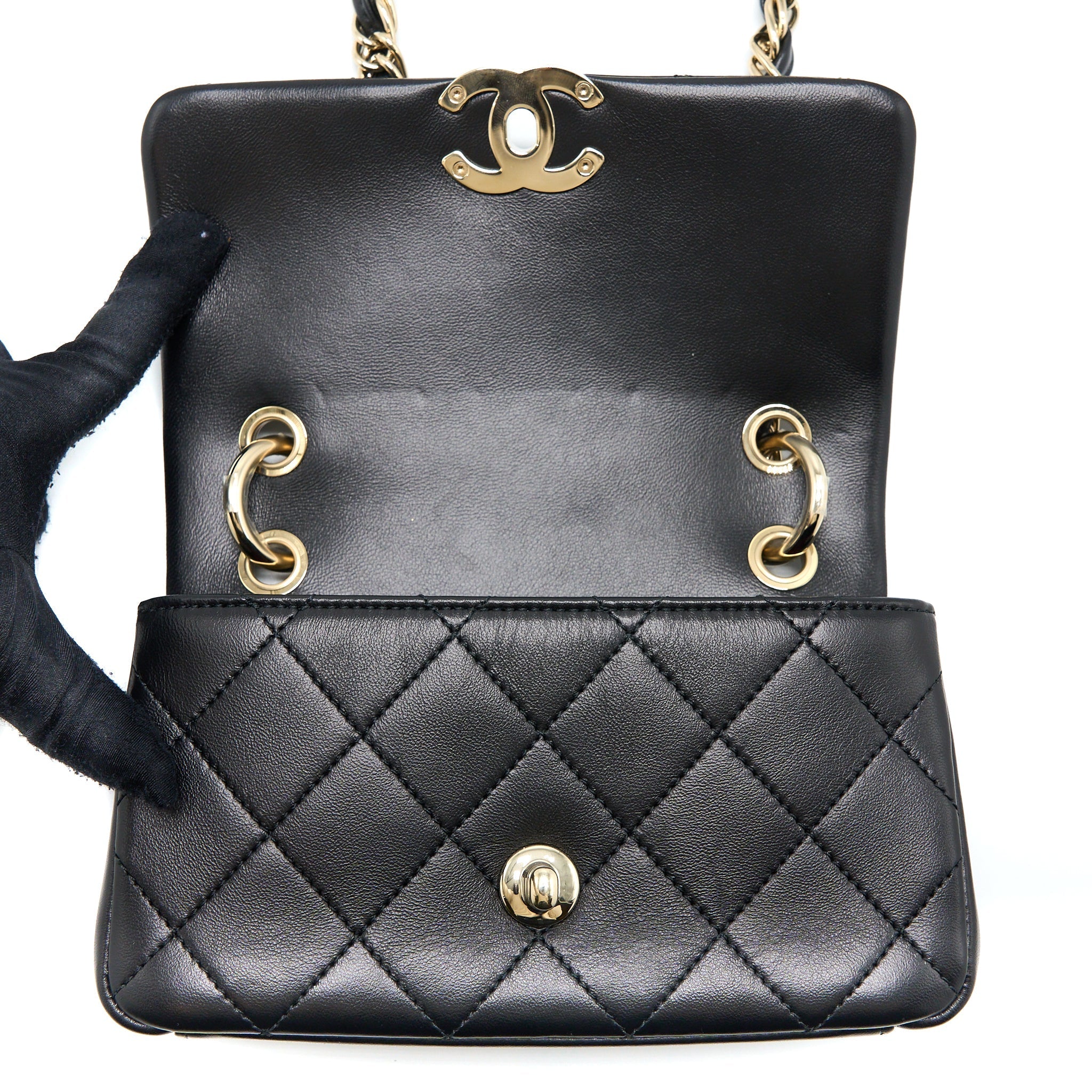 CHANEL ENAMEL CC LOGO QUILTED RECTANGULAR FLAP BAG LAMBSKIN BLACK LGHW