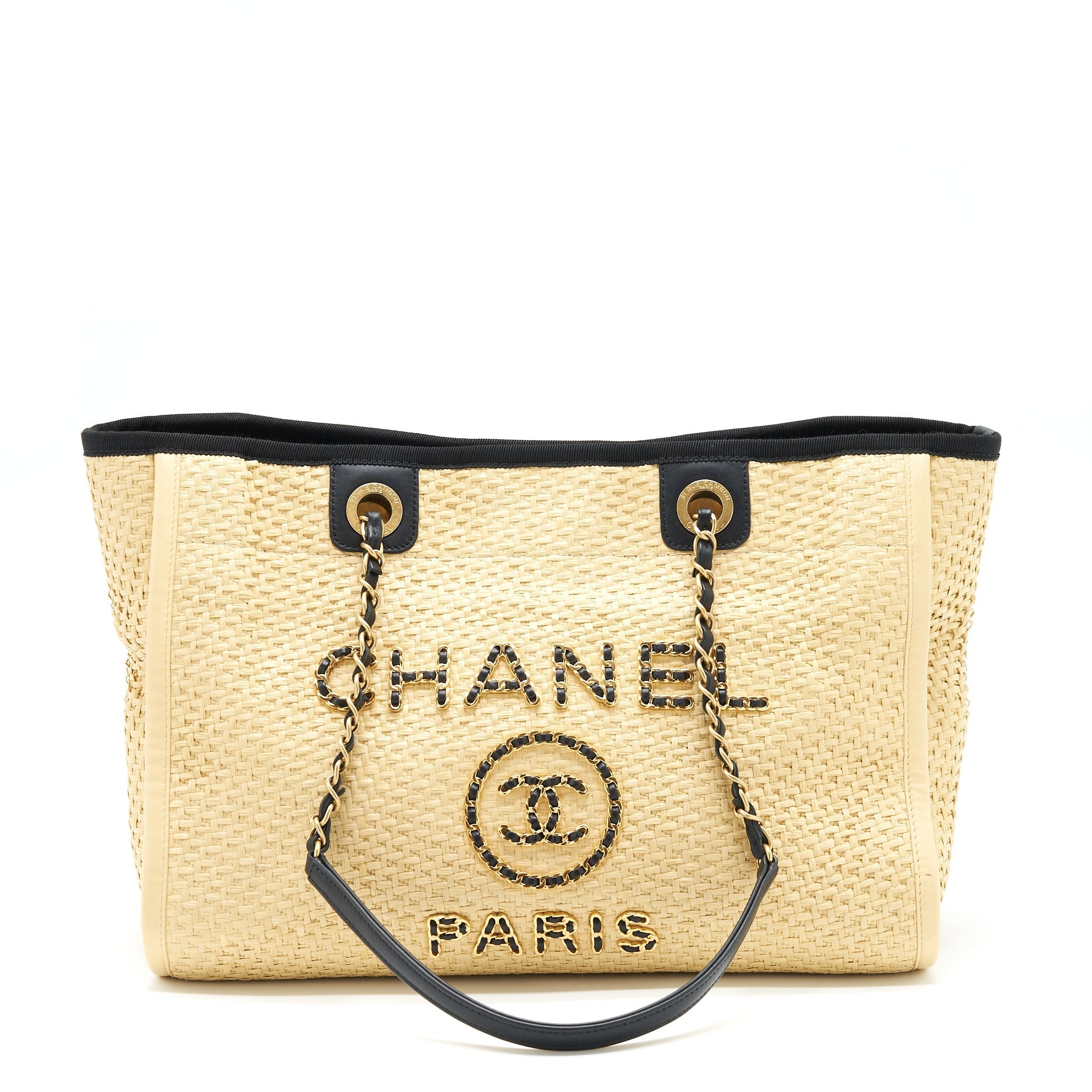 CHANEL GOLD RAFFIA DEAUVILLE TOTE BAG GHW