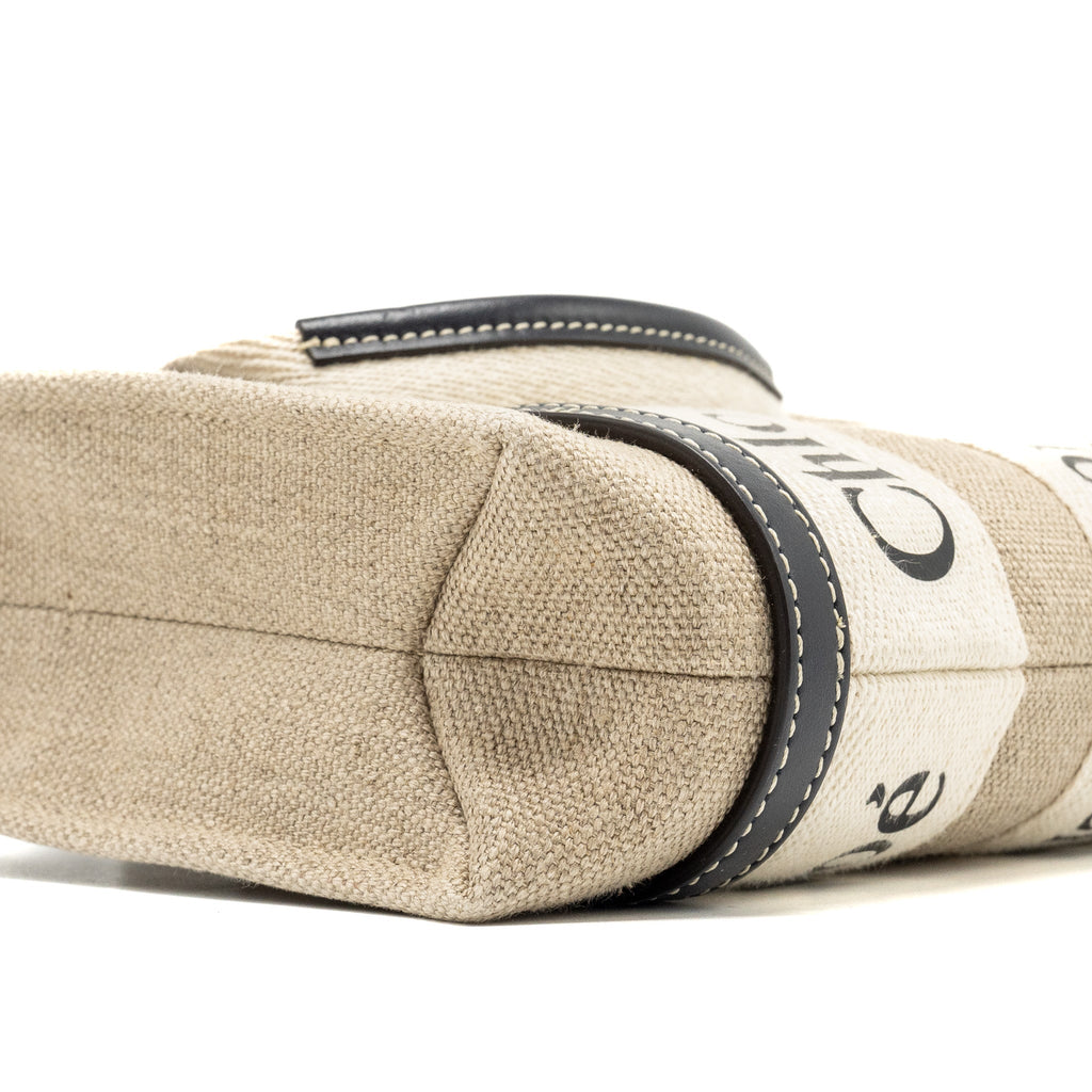CHLOE WOODY MINI TOTE BAG CANVAS BEIGE/BLACK
