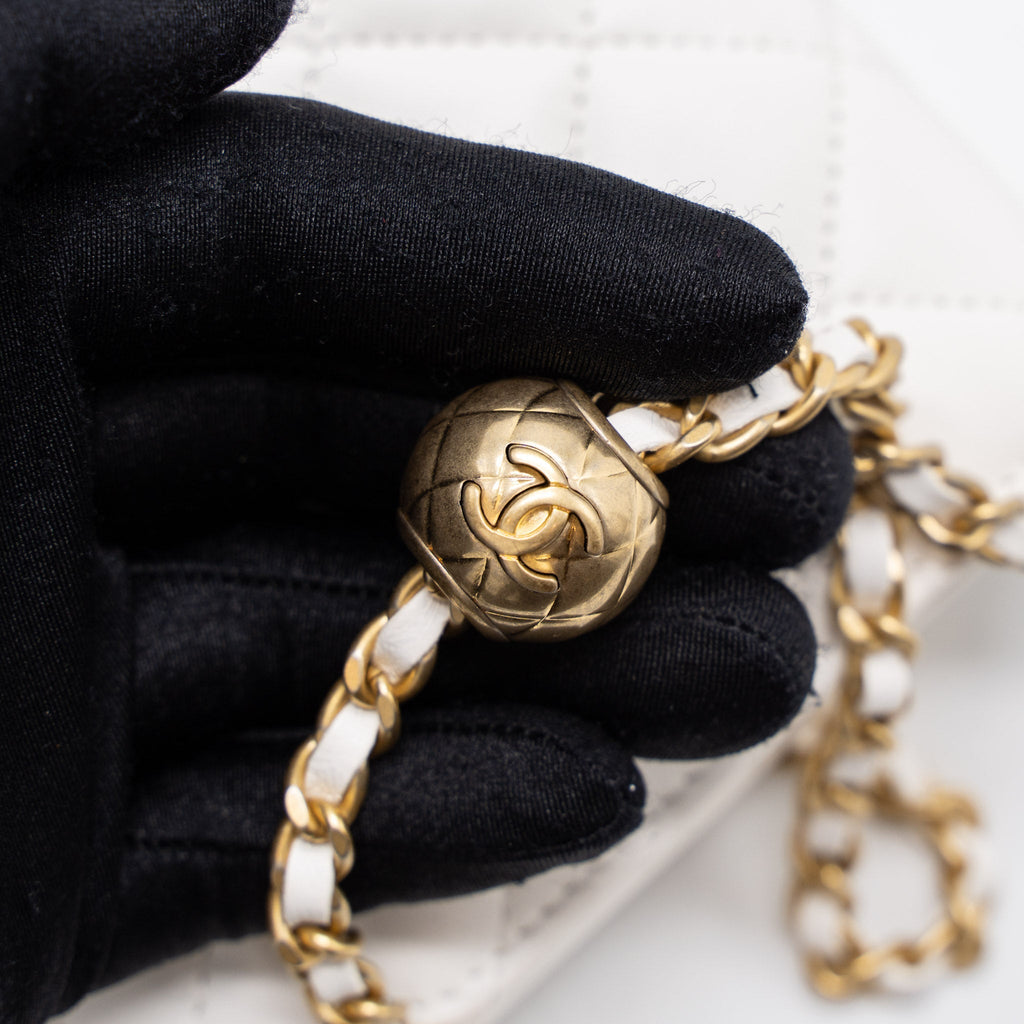 CHANEL PEARL CRUSH WALLET ON CHAIN LAMBSKIN WHITE BRUSHED GHW (MICROCHIP)