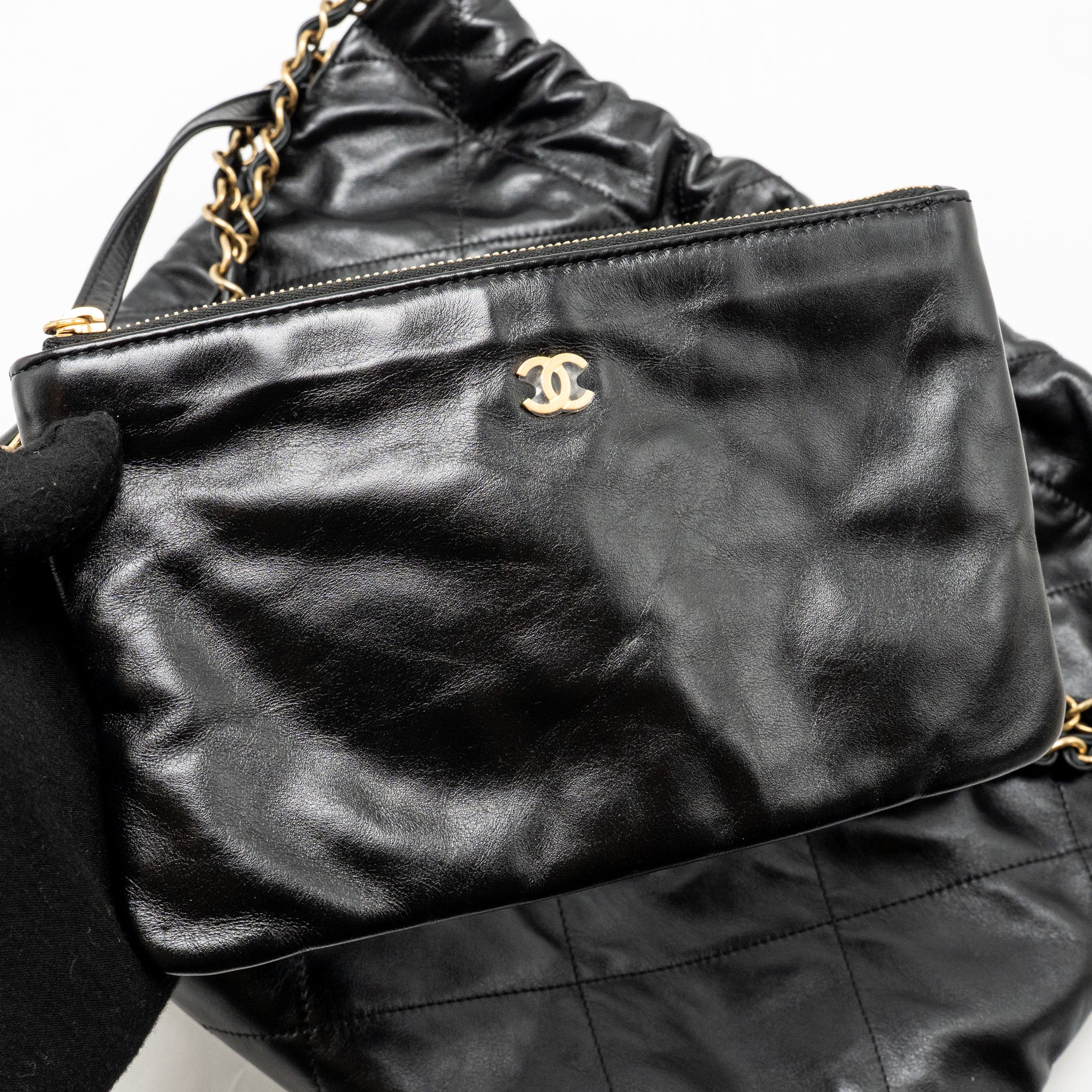 CHANEL SMALL 22 BAG SHINY CALFSKIN BLACK GHW (MICROCHIP)