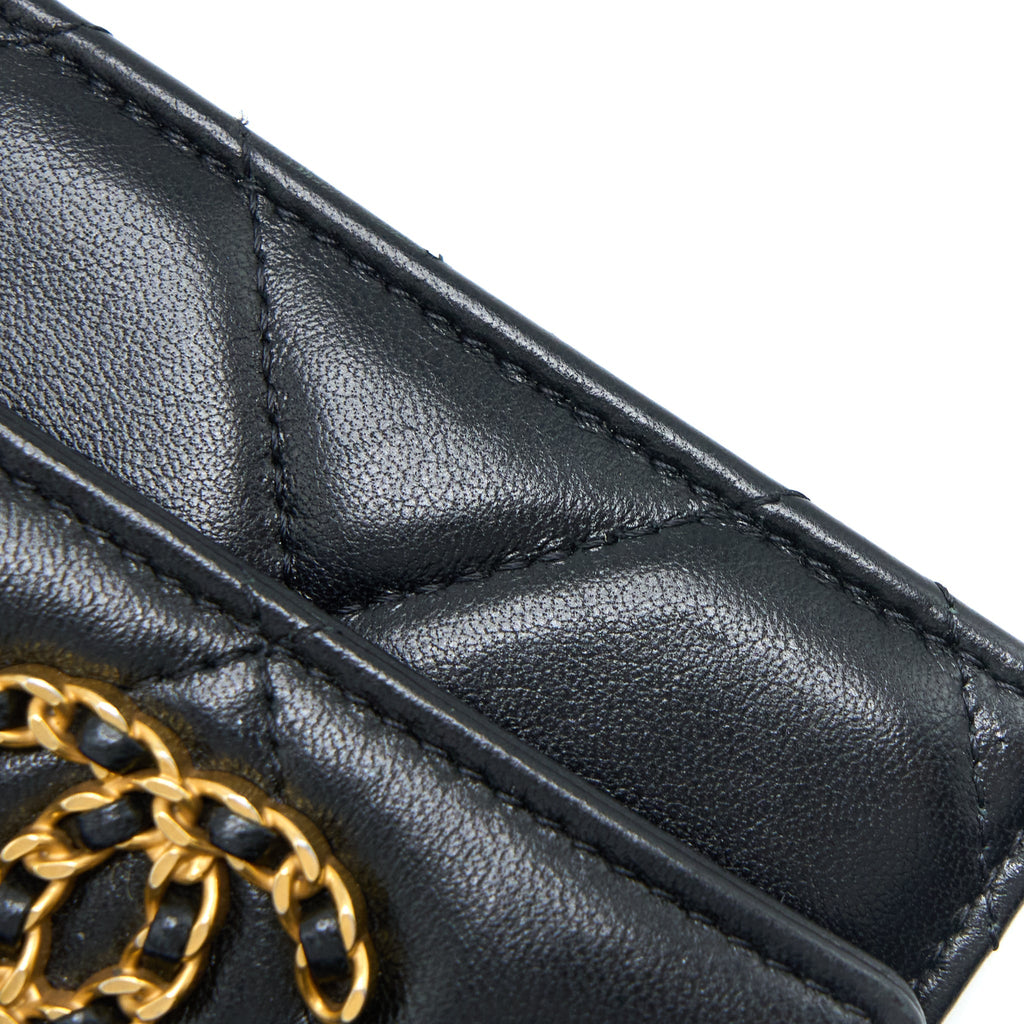 CHANEL 19 FLAP CARD HOLDER WITH CHAIN LAMBSKIN BLACK MULTICOLOUR HARDWARE