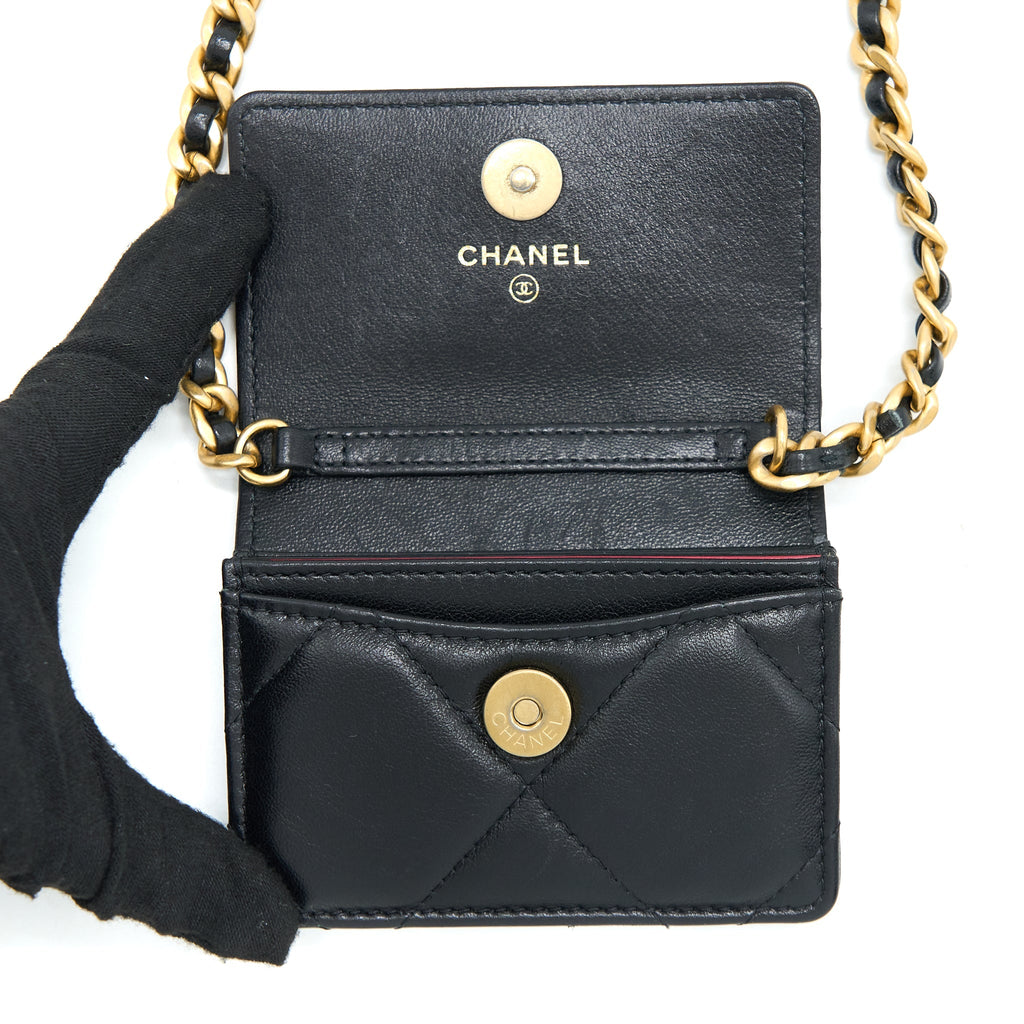 CHANEL 19 FLAP CARD HOLDER WITH CHAIN LAMBSKIN BLACK MULTICOLOUR HARDWARE