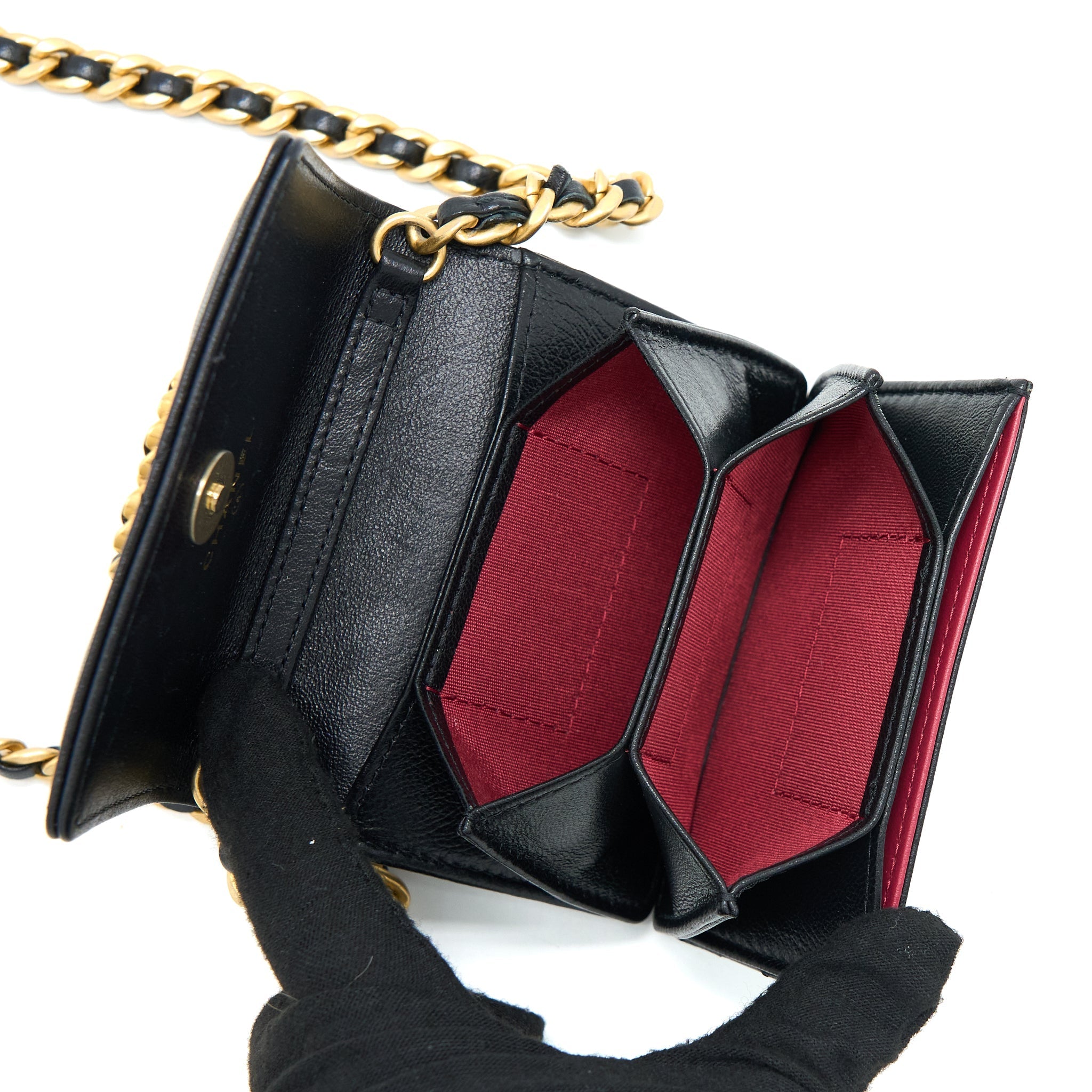 CHANEL 19 FLAP CARD HOLDER WITH CHAIN LAMBSKIN BLACK MULTICOLOUR HARDWARE