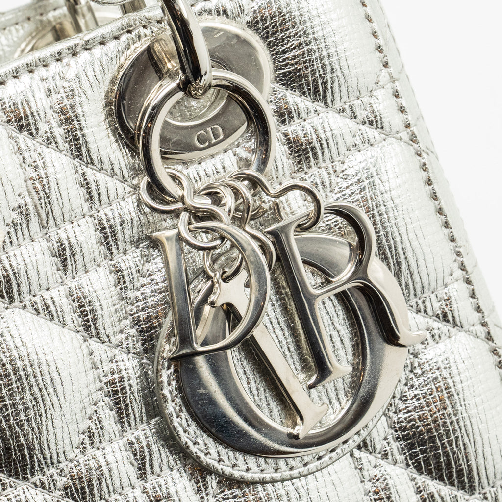 DIOR SMALL MY ABC LADY DIOR CANNAGE CALFSKIN METALLIC SILVER SHW