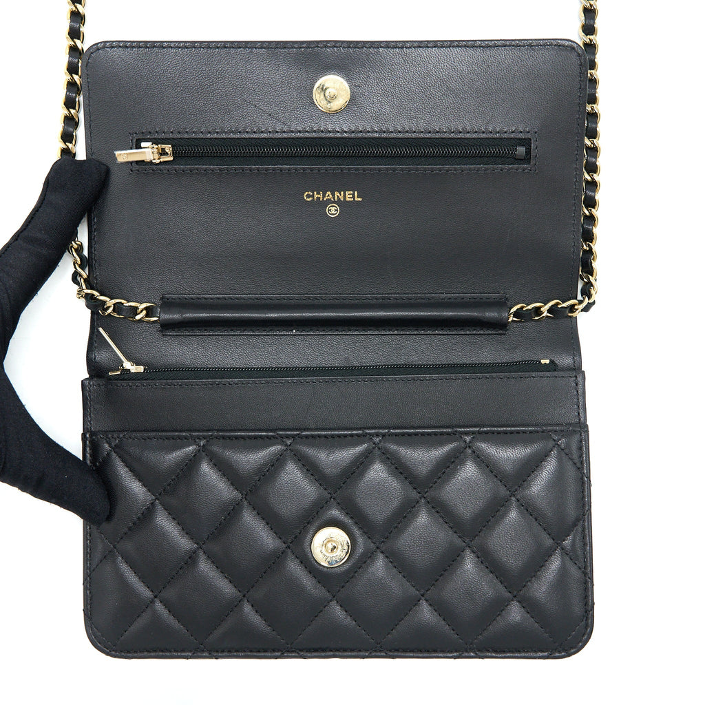 CHANEL RIBBON WALLET ON CHAIN LAMBSKIN BLACK LGHW (MICROCHIP)