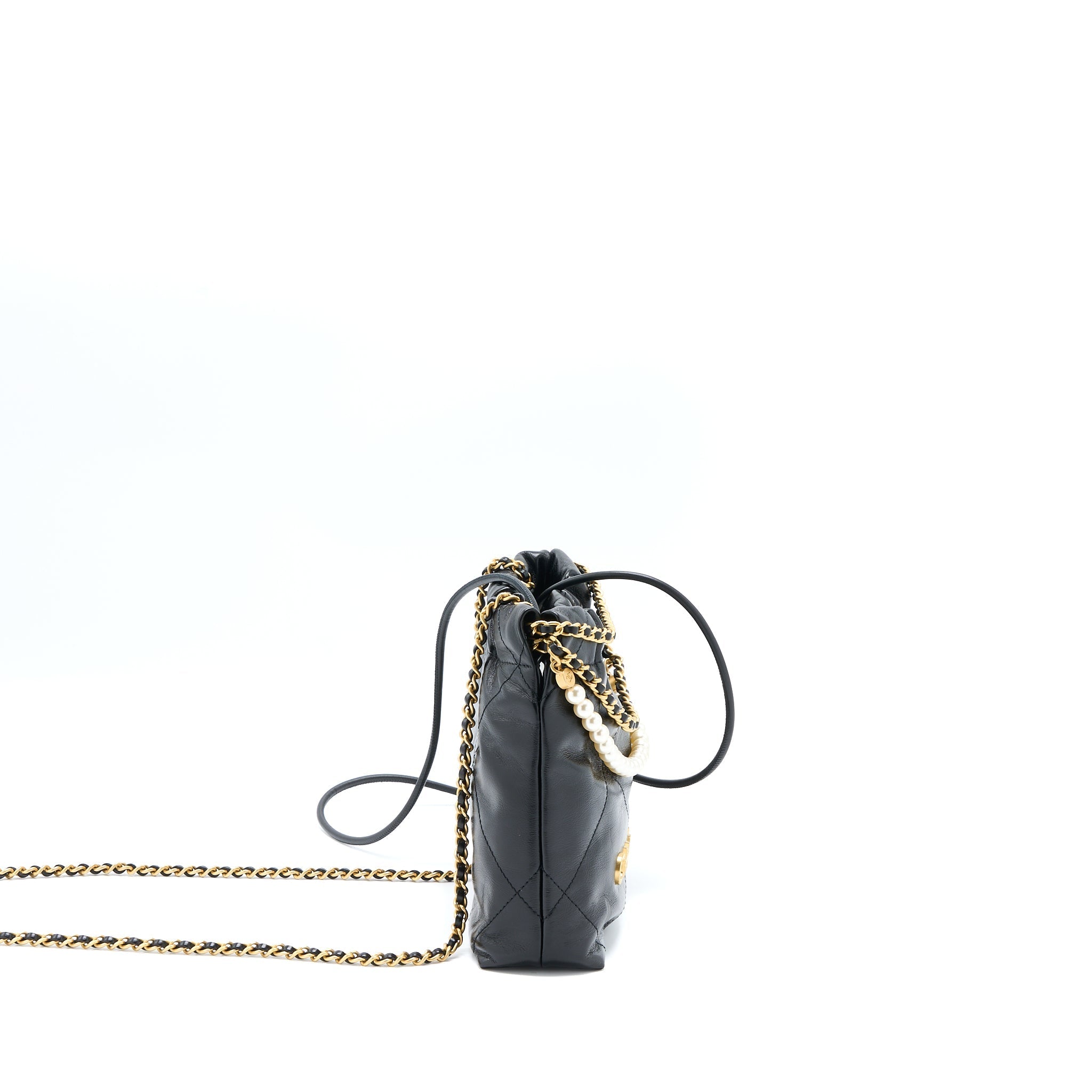 CHANEL 23S MINI 22 BAG WITH PEARL SHINY CALFSKIN BLACK GHW (MICROCHIP)
