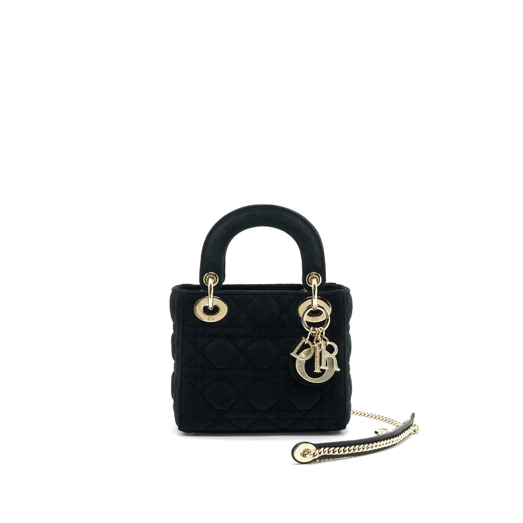CHRISTIAN DIOR MINI LADY DIOR IN VELVET BLACK WITH LIGHT GOLD HARDWARE AND WHITE CRYSTAL