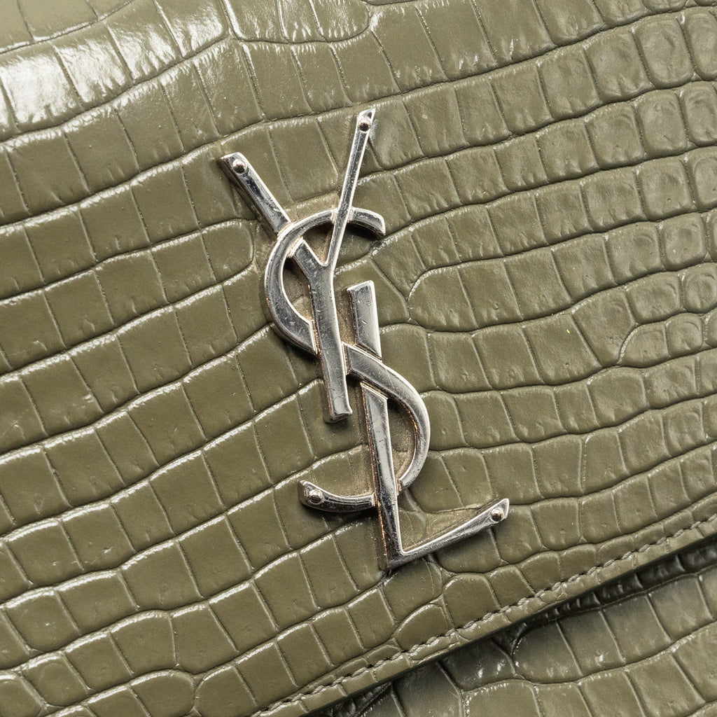 SAINT LAURENT/YSL SUNSET BAG CROC-EMBOSSED CALFSKIN KHAKI SHW