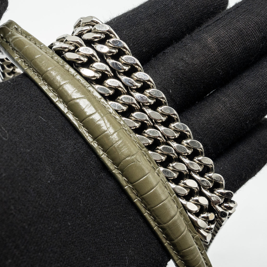 SAINT LAURENT/YSL SUNSET BAG CROC-EMBOSSED CALFSKIN KHAKI SHW