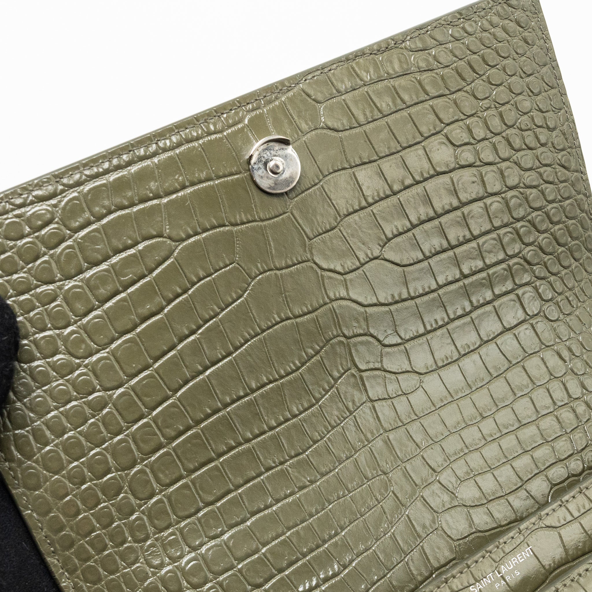 SAINT LAURENT/YSL SUNSET BAG CROC-EMBOSSED CALFSKIN KHAKI SHW