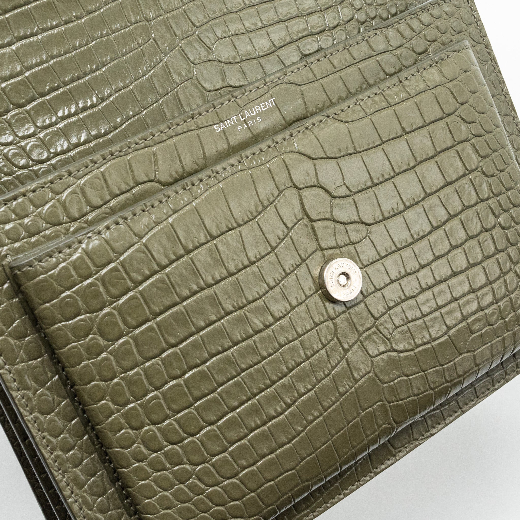 SAINT LAURENT/YSL SUNSET BAG CROC-EMBOSSED CALFSKIN KHAKI SHW