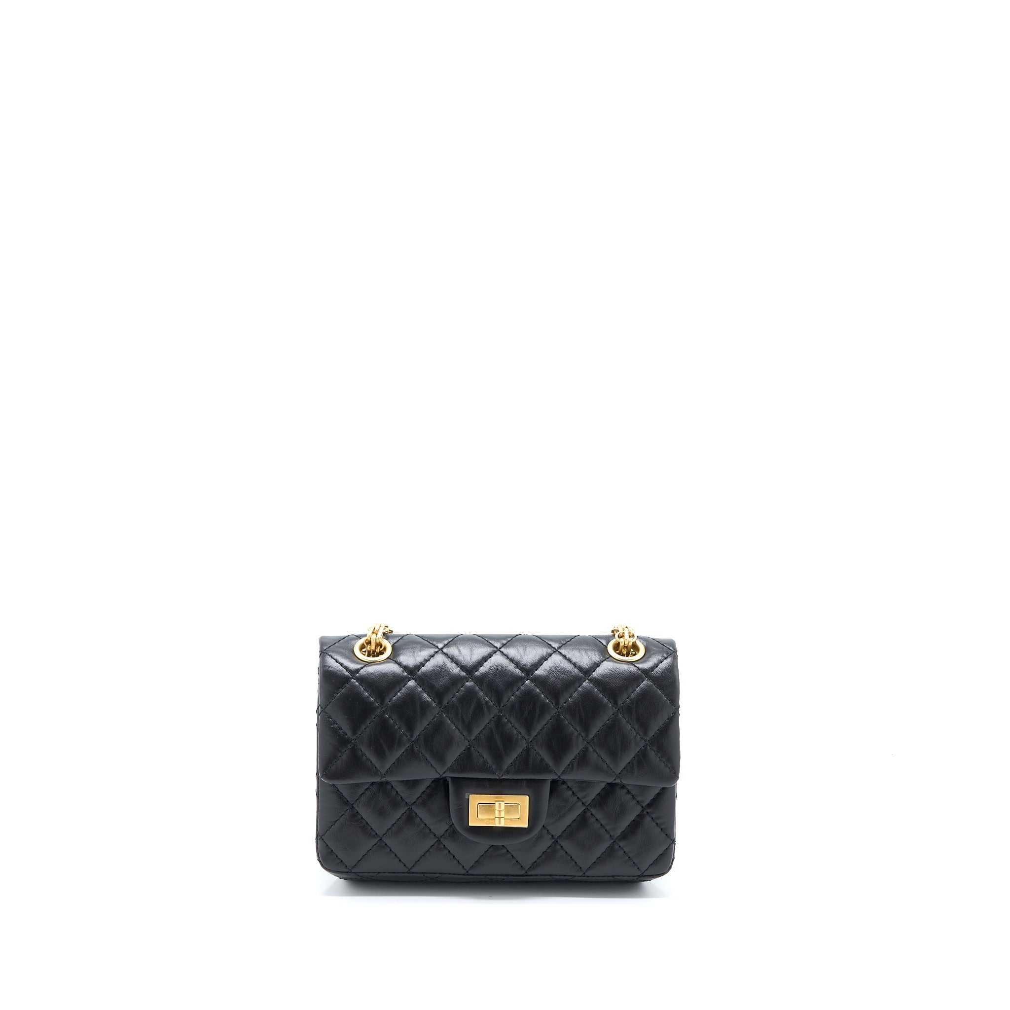CHANEL MINI 2.55 REISSUE FLAP BAG AGED CALFSKIN BLACK BRUSHED GHW (MICROCHIP)