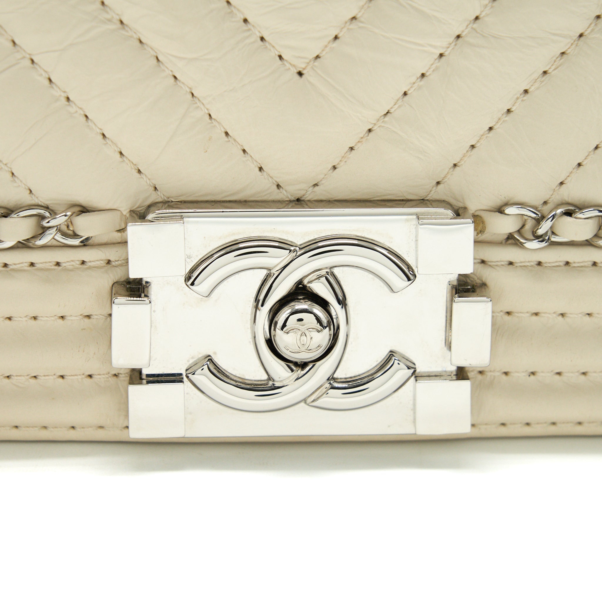 CHANEL MEDIUM BOY BAG CHEVRON LIMITED CALFSKIN IVORY SHW