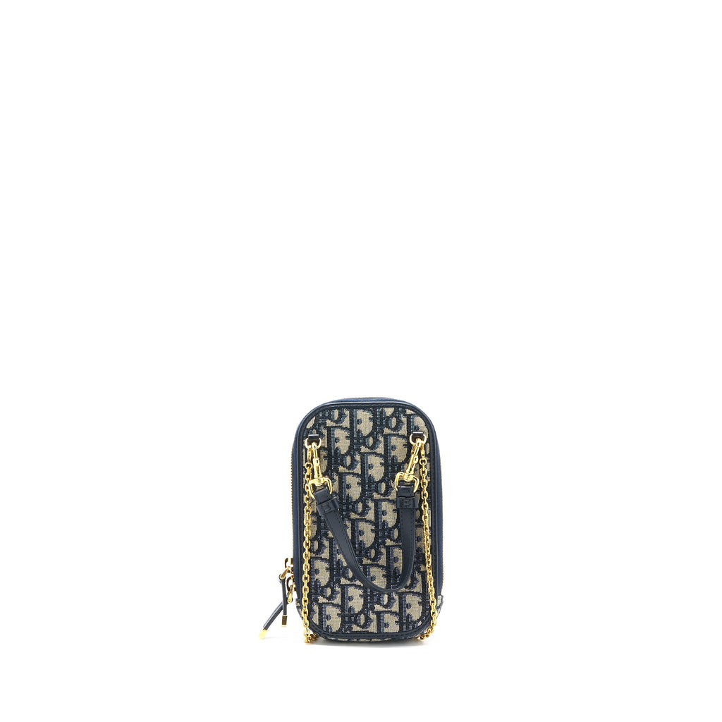 DIOR MONTAIGNE PHONE HOLDER OBLIQUE JACQUARD CANVAS BLUE GHW