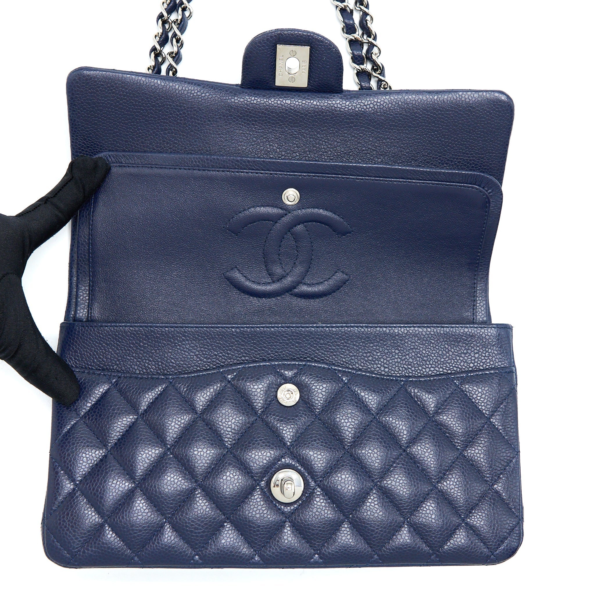 CHANEL MEDIUM CLASSIC DOUBLE FLAP BAG CAVIAR NAVY BLUE SHW