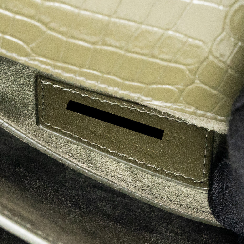 SAINT LAURENT/YSL SUNSET BAG CROC-EMBOSSED CALFSKIN KHAKI SHW