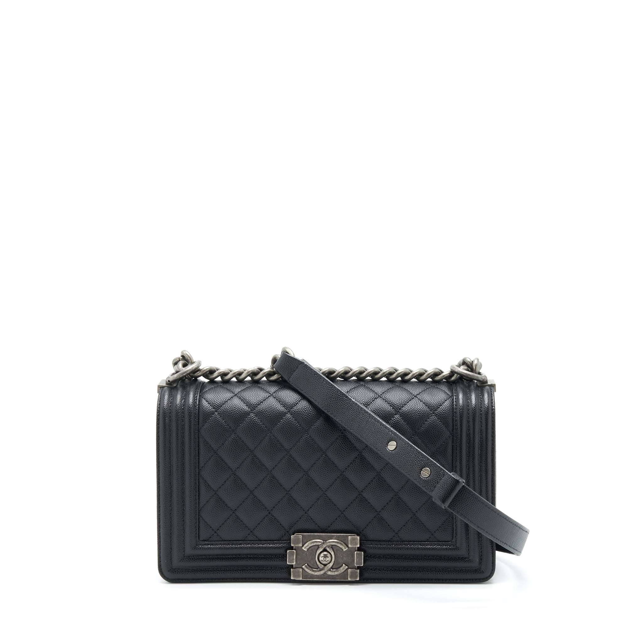 CHANEL MEDIUM BOY BAG CAVIAR BLACK WITH RUTHENIUM SLIVER HARDWARE