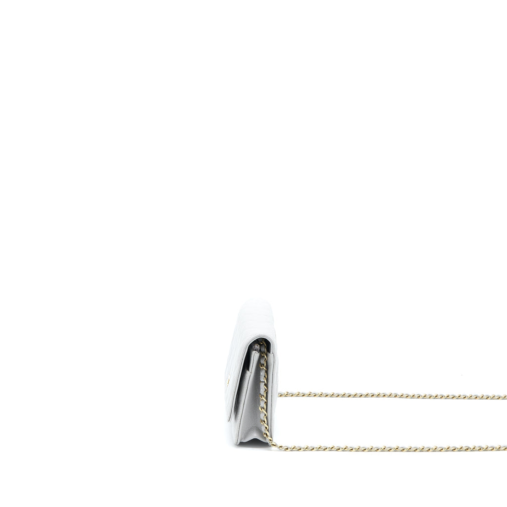 CHANEL CLASSIC WALLET ON CHAIN CAVIAR LIGHT GREY LGHW (MICROCHIP)