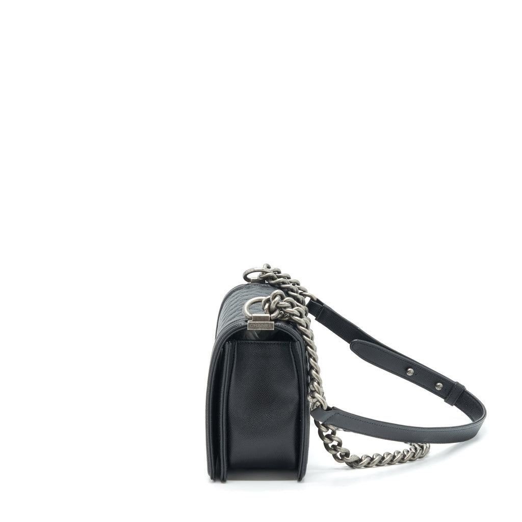 CHANEL MEDIUM BOY BAG CAVIAR BLACK WITH RUTHENIUM SLIVER HARDWARE