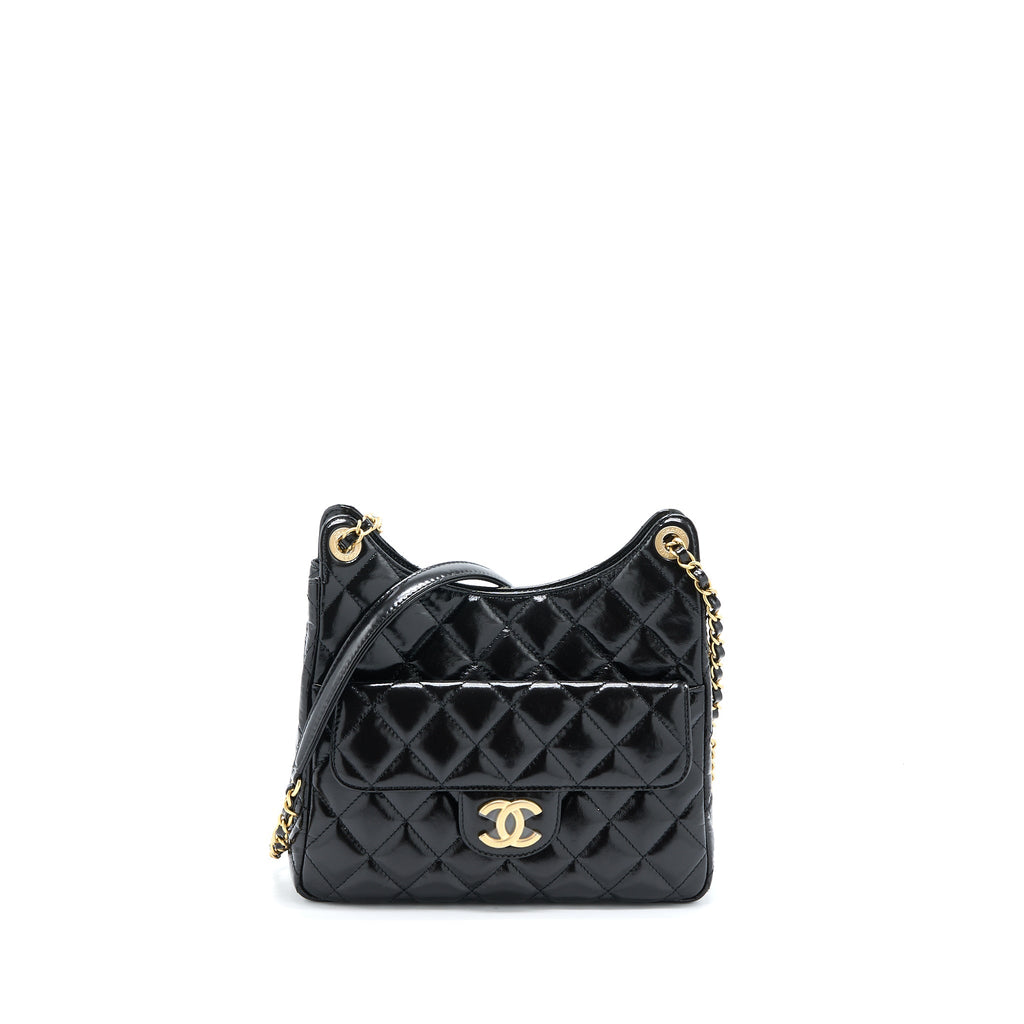 CHANEL 23C HOBO BAG SHINY CALFSKIN BLACK BRUSHED GHW (MICROCHIP)