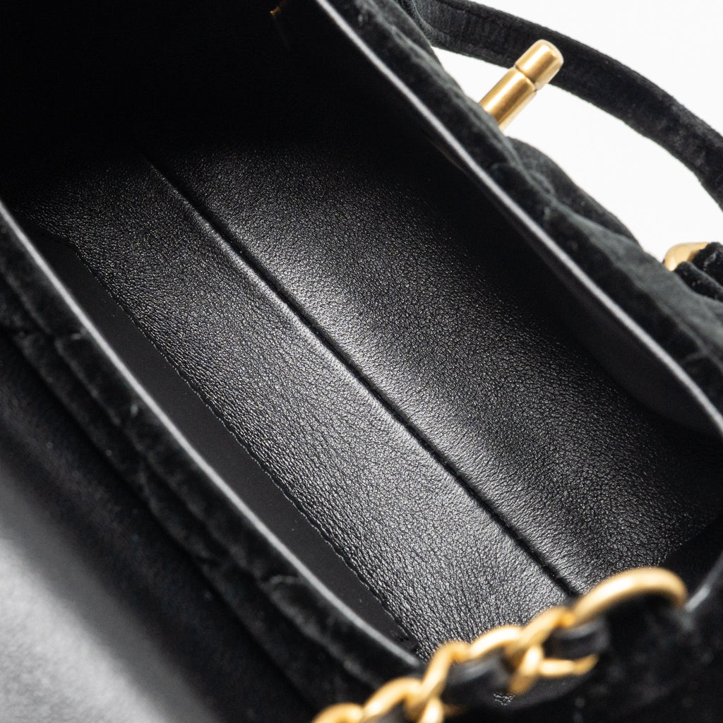 CHANEL MINI BOWLING CLUTCH WITH CHAIN VELVET BLACK GHW (MICROCHIP)