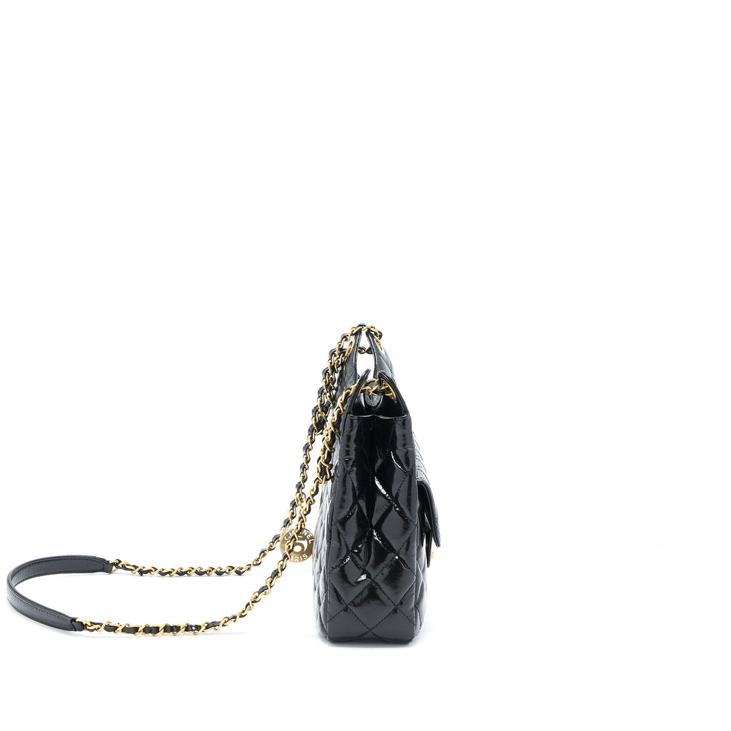 CHANEL 23C HOBO BAG SHINY CALFSKIN BLACK BRUSHED GHW (MICROCHIP)