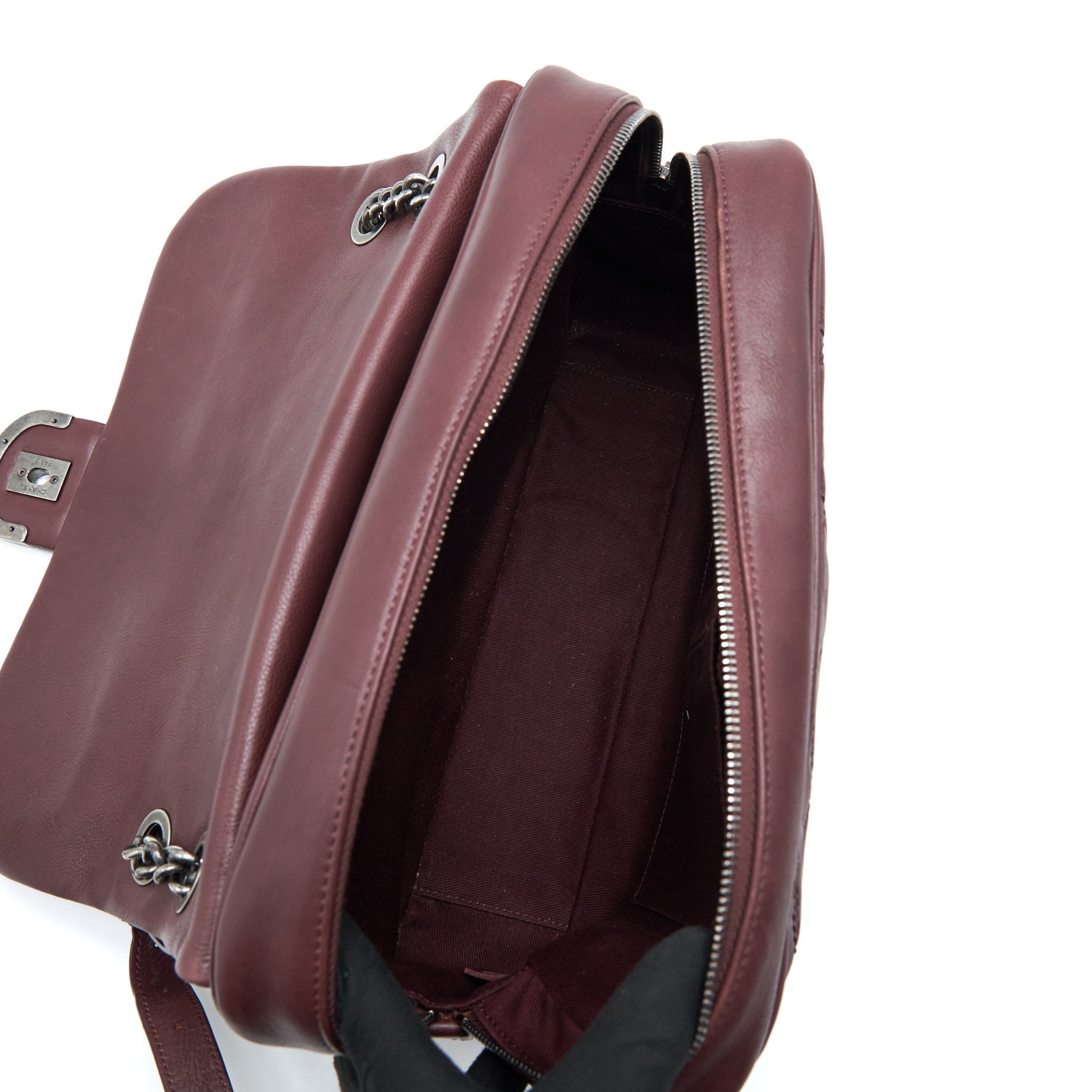 CHANEL JUMBO QUILTED FLAP BAG CALFSKIN BURGUNDY RUTHENIUM HARDWARE
