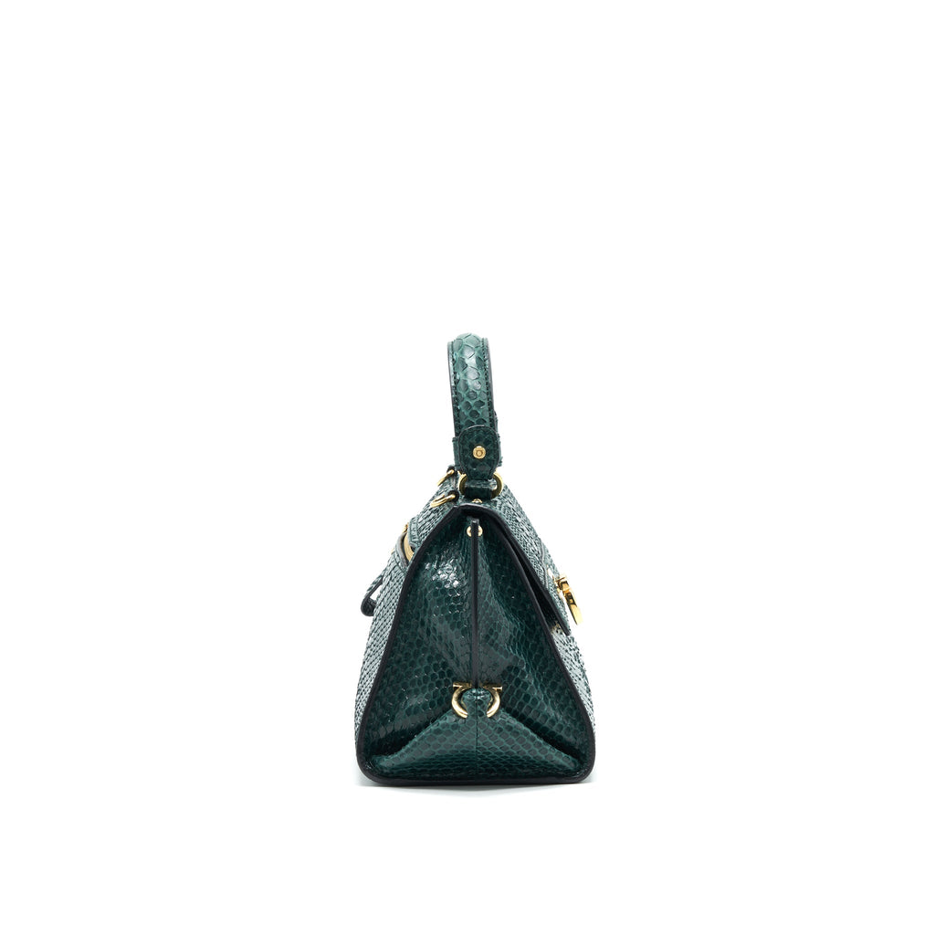 FERRAGAMO PYTHON LEATHER TOPHANDLE TOTE BAG DARK GREEN GHW