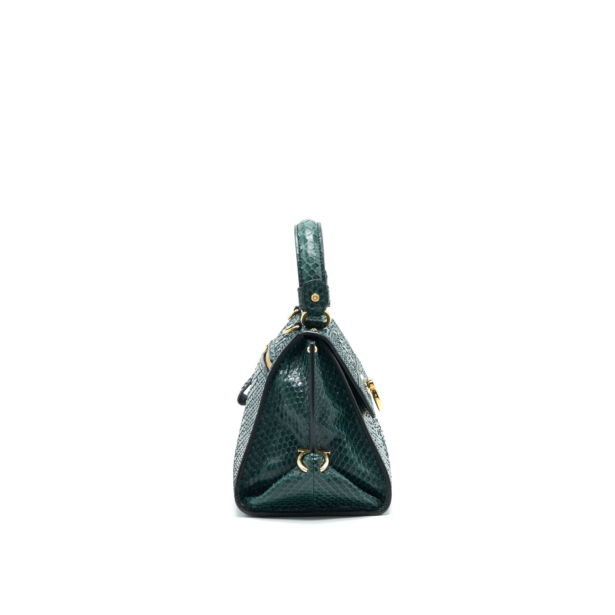 FERRAGAMO PYTHON LEATHER TOPHANDLE TOTE BAG DARK GREEN GHW