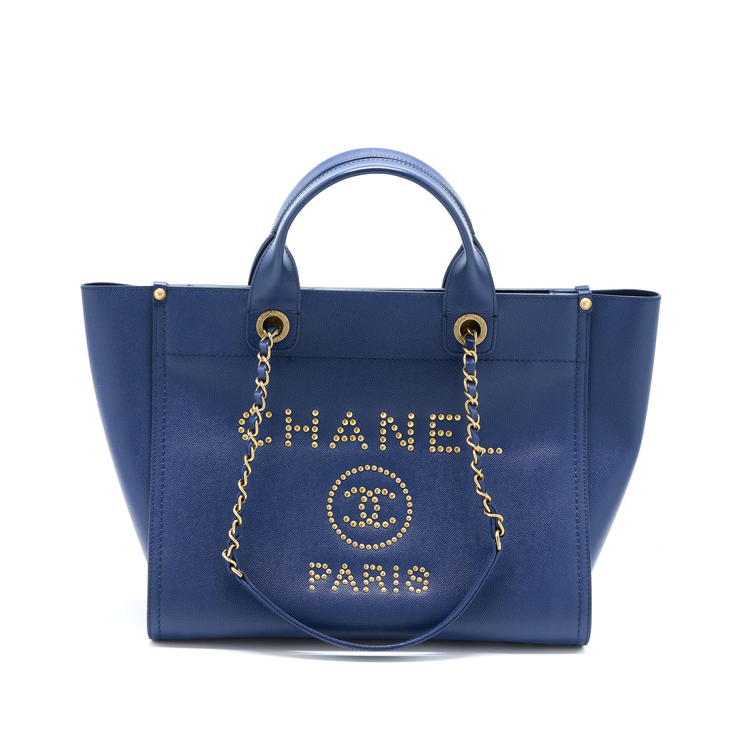 CHANEL DEAUVILLE TOTE BAG GRAINED CALFSKIN NAVY GHW