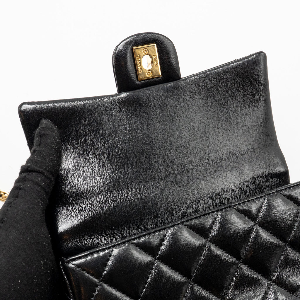 CHANEL TOP HANDLE FLAP BAG SHINY LAMBSKIN BLACK GHW (MICROCHIP)