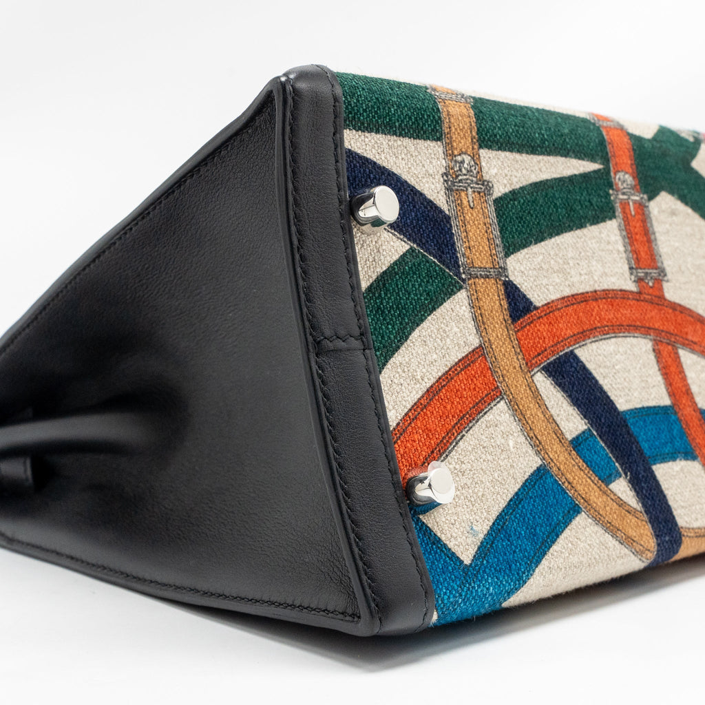 HERMES KELLY 32 LIMITED EDITION TOILE DE WASHED CANVAS / SWIFT LEATHER BLACK / CAVALCADOUR PRINT SHW