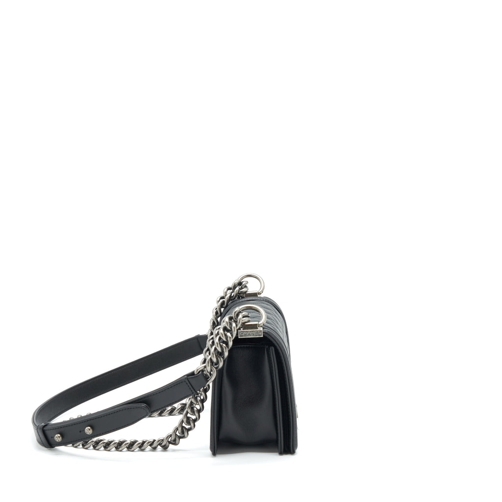 CHANEL SMALL BOY CALFSKIN BLACK RUTHENIUM SLIVER HARDWARE