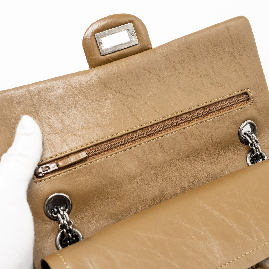 CHANEL SMALL 2.55 REISSUE FLAP BAG CALFSKIN KHAKI RUTHENIUM HARDWARE