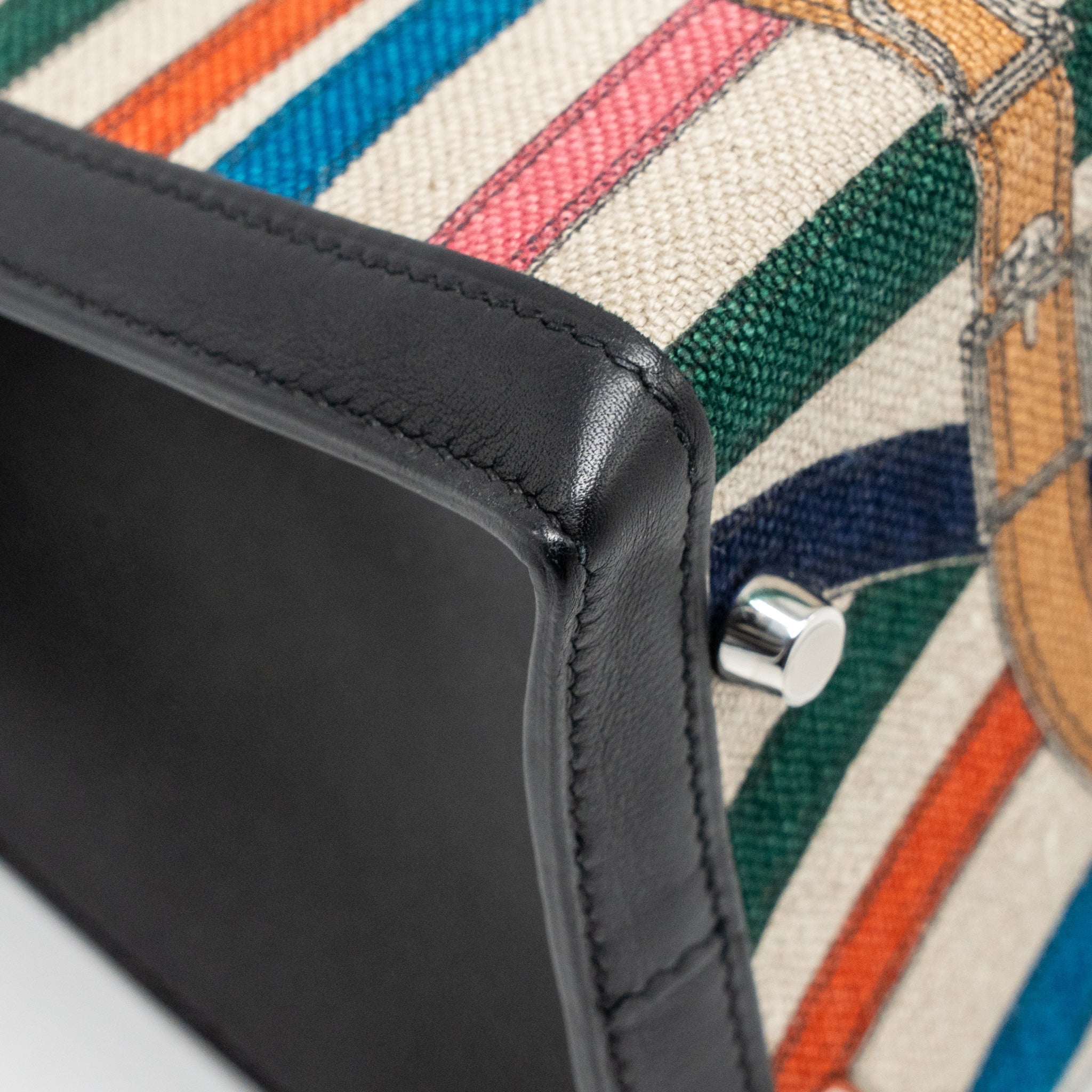 HERMES KELLY 32 LIMITED EDITION TOILE DE WASHED CANVAS / SWIFT LEATHER BLACK / CAVALCADOUR PRINT SHW