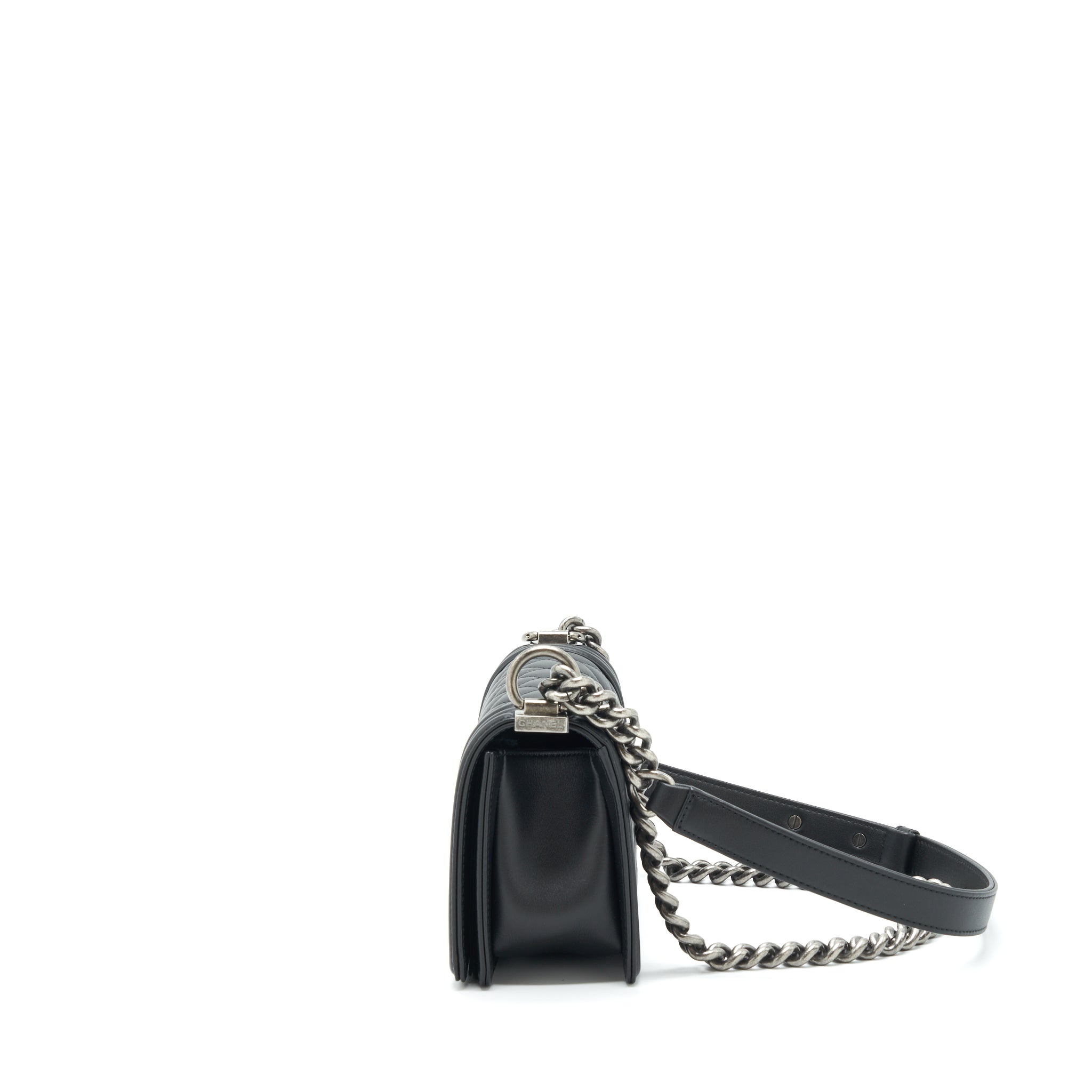 CHANEL SMALL BOY CALFSKIN BLACK RUTHENIUM SLIVER HARDWARE