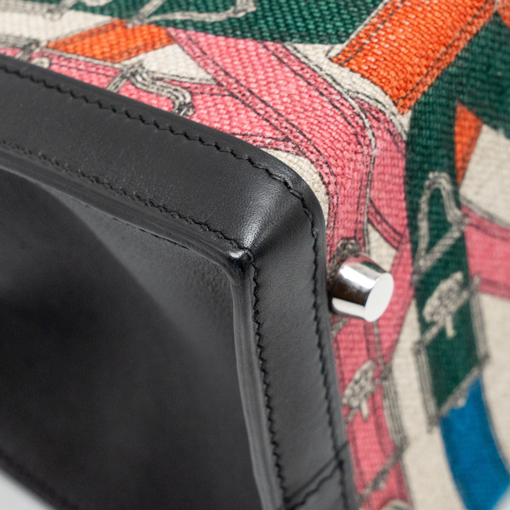 HERMES KELLY 32 LIMITED EDITION TOILE DE WASHED CANVAS / SWIFT LEATHER BLACK / CAVALCADOUR PRINT SHW