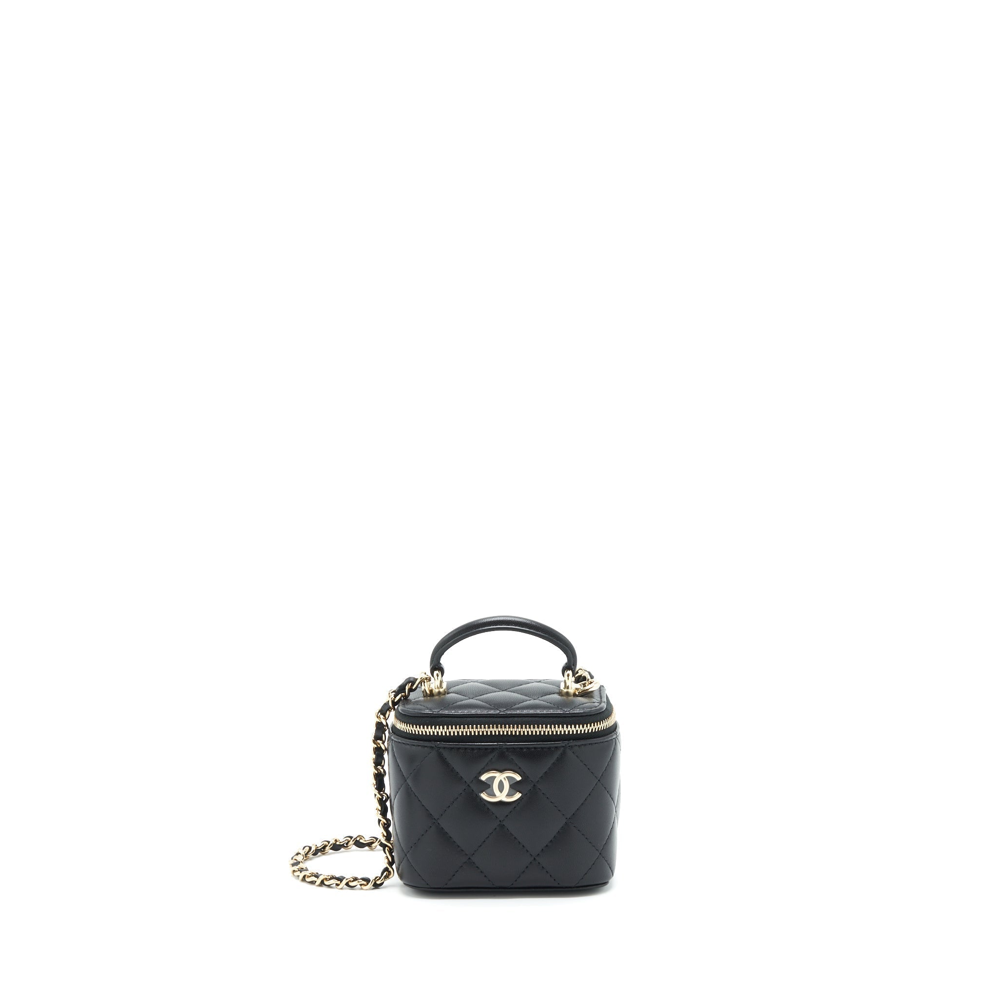 CHANEL 22P TOP HANDLE MINI VANITY WITH CHAIN AND MIRROR LAMBSKIN BLACK LGHW