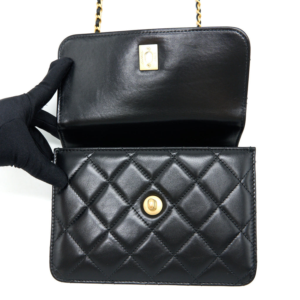 CHANEL 23P FLAP BAG WITH TOP HANDLE SHINY CALFSKIN BLACK GHW (MICROCHIP)