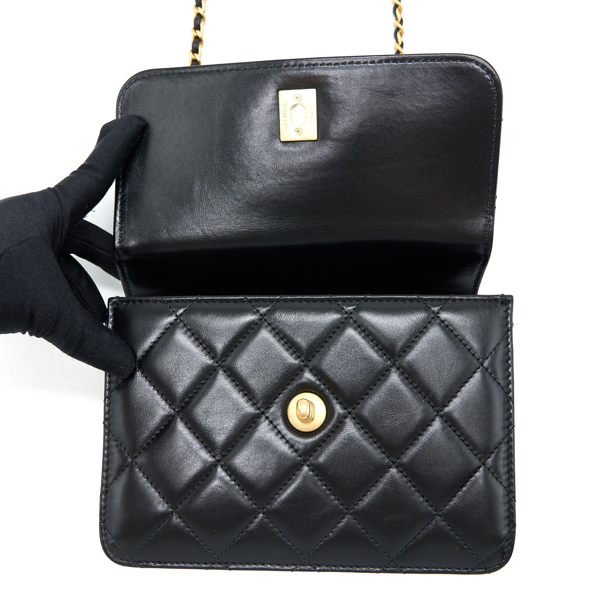 CHANEL 23P FLAP BAG WITH TOP HANDLE SHINY CALFSKIN BLACK GHW (MICROCHIP)