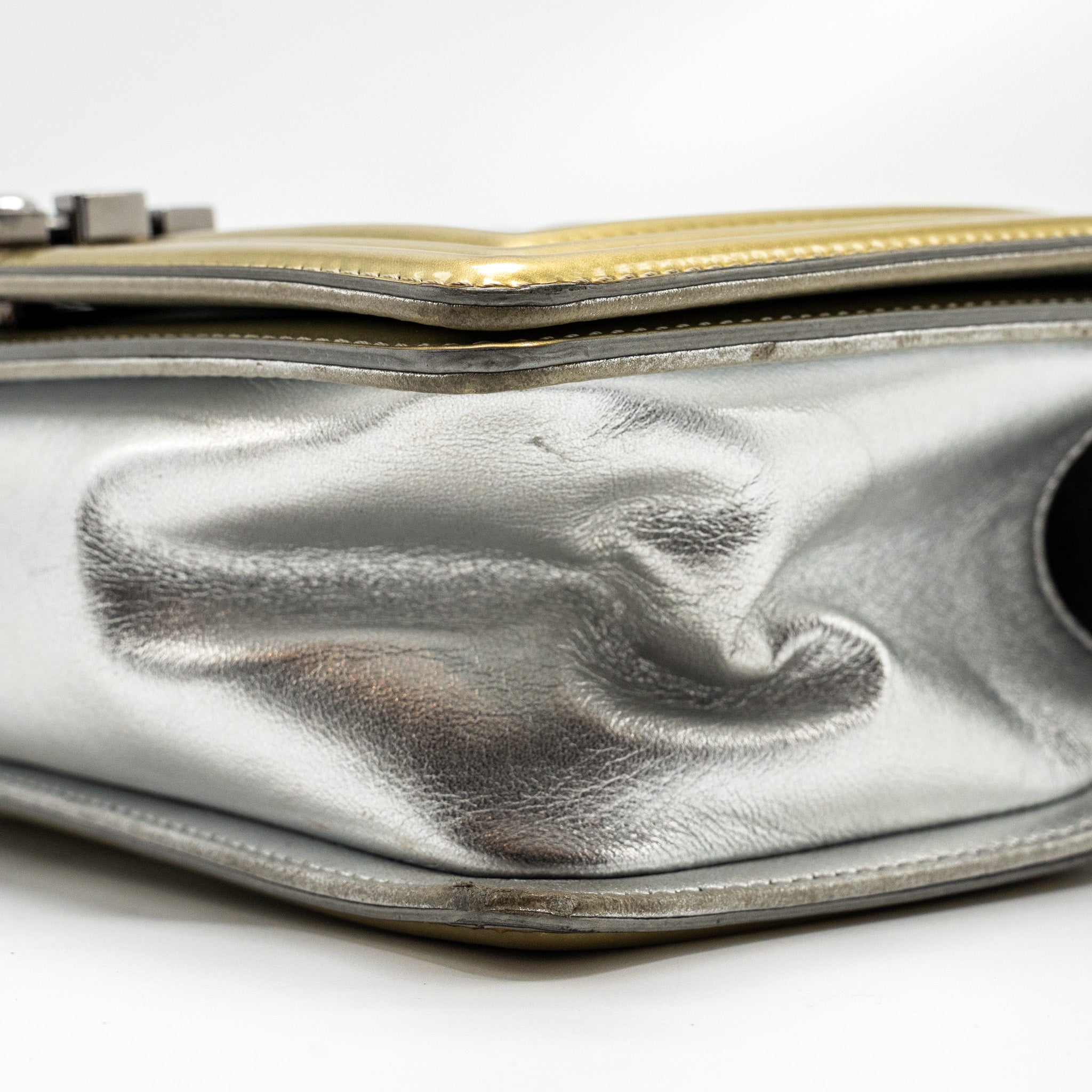 CHANEL MEDIUM BOY BAG PATENT LIGHT GOLD / SILVER SHW