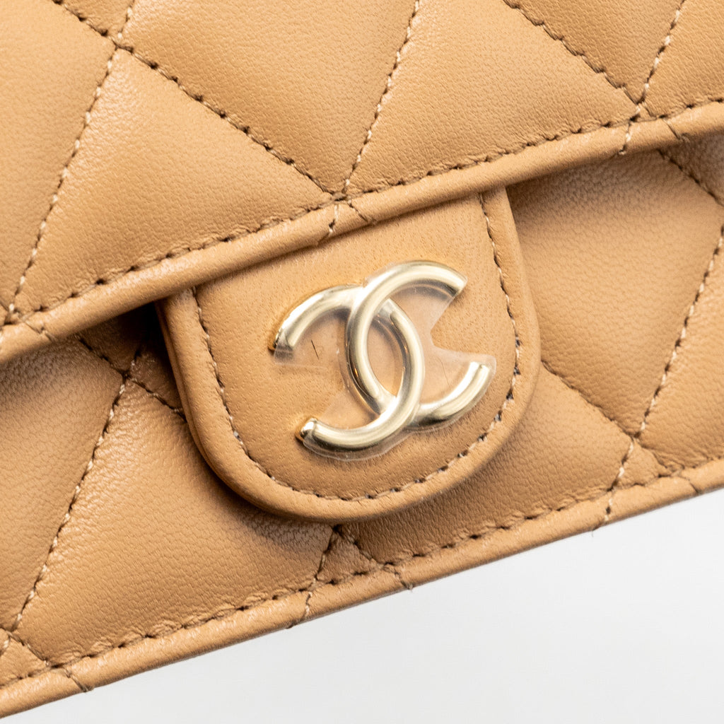 CHANEL TOP HANDLE MINI FLAP CLUTCH LAMBSKIN BEIGE LGHW (MICROCHIP)