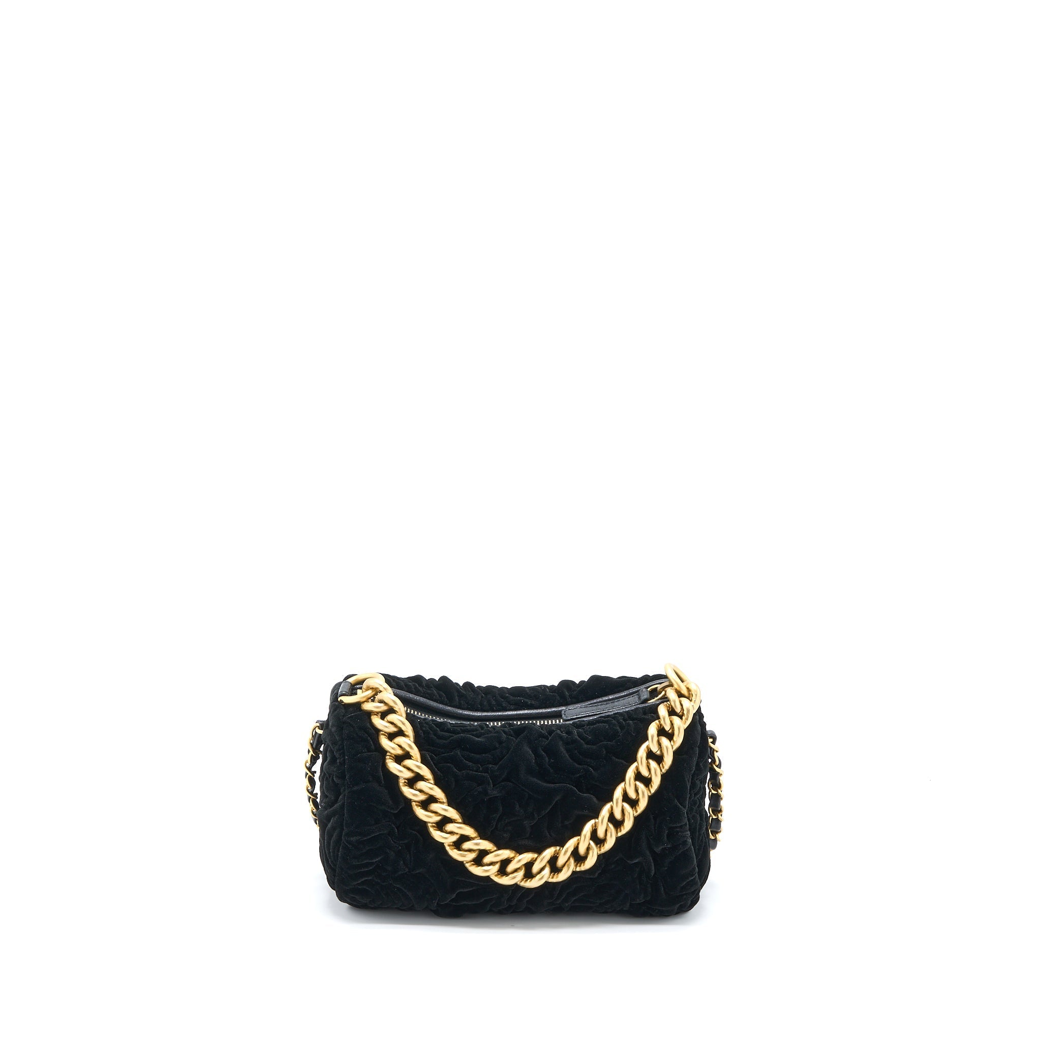 CHANEL MINI BOSTON BAG WITH CHAIN CAMELLIA VELVET BLACK GHW (MICROCHIP)