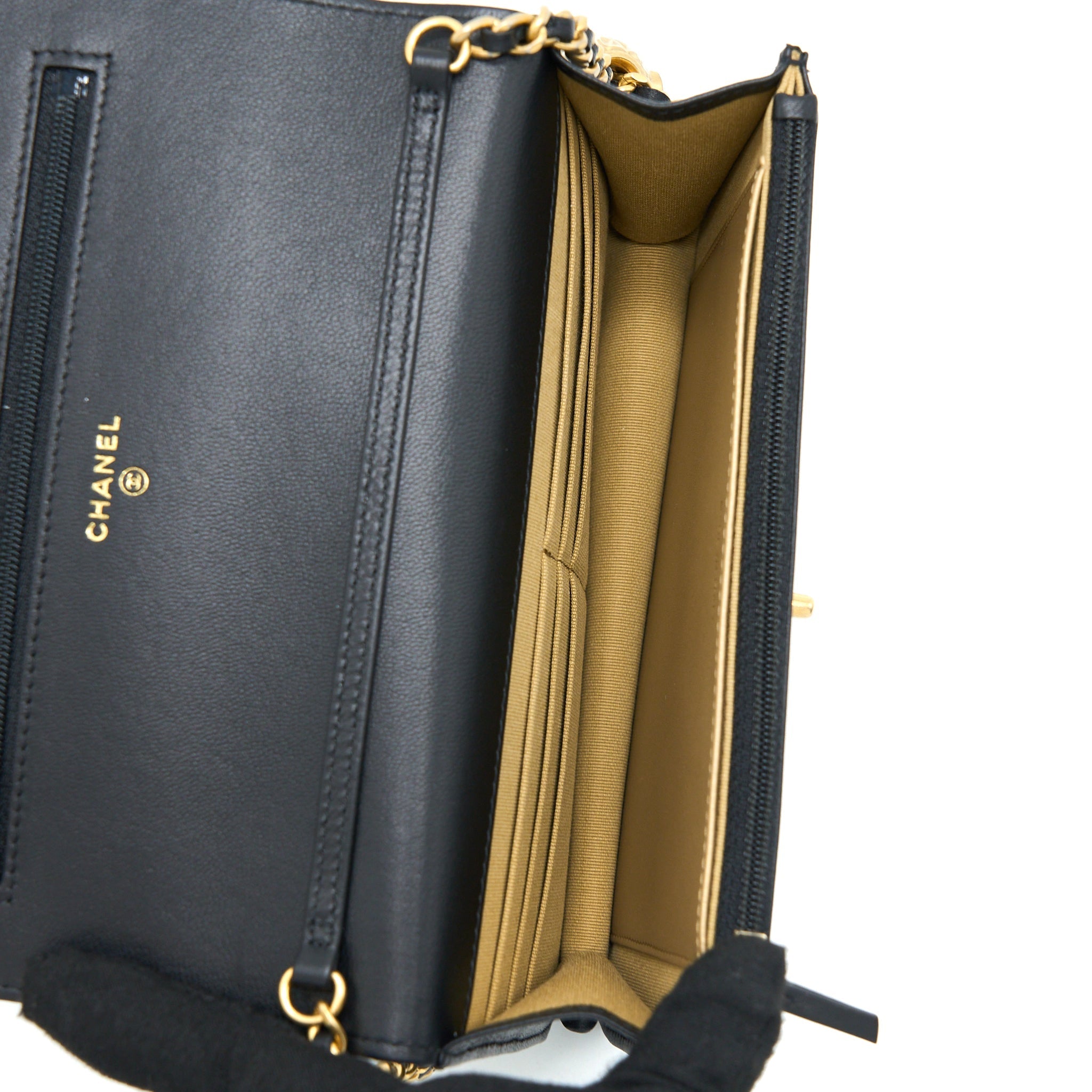 CHANEL PEARL CRUSH WALLET ON CHAIN LAMBSKIN BLACK GHW (MICROCHIP)